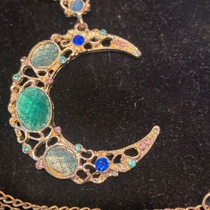 Vintage Goldtone Filigree Crescent Moon with Faux Gems